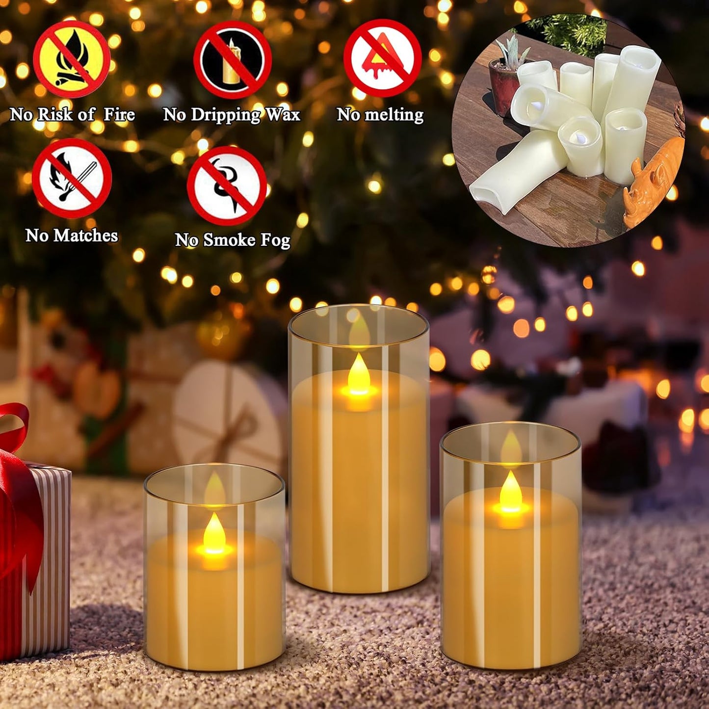 wemarry Flameless Candles 4" 5" 6" Acrylic Glass Pillars 3" Diameter Battery Operated Flickering Candles Include 8-Key Remote with Timer Function 400+ Hours (Gray, Warm Light 3 Pack)