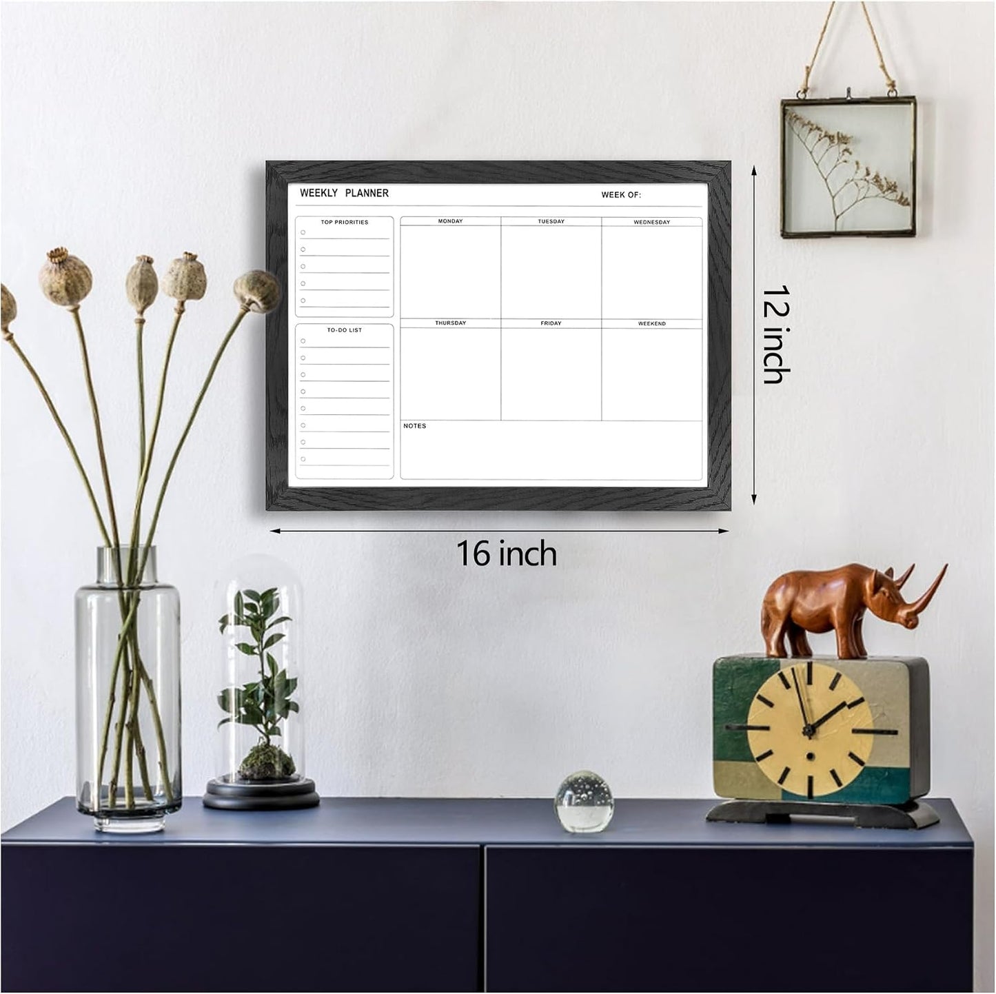 White Board Weekly Calendar Dry Erase Planner for Wall-16"X12",Black Solid Wood Frame,Minimal/Modern Design, Magnetic Whiteboard Planner for to Do List, Memo, School, Home, Office, Kitchen