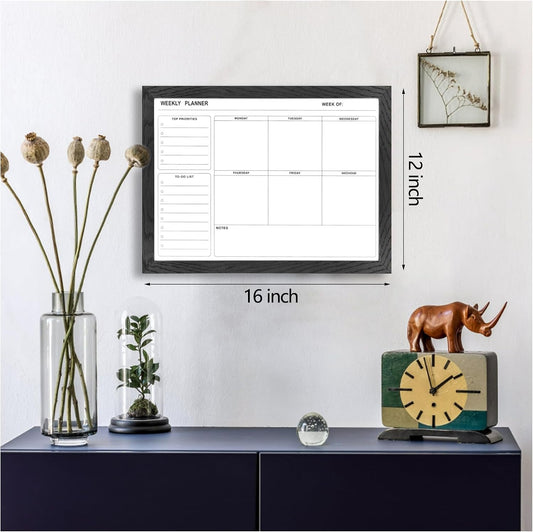 White Board Weekly Calendar Dry Erase Planner for Wall-16"X12",Black Solid Wood Frame,Minimal/Modern Design, Magnetic Whiteboard Planner for to Do List, Memo, School, Home, Office, Kitchen