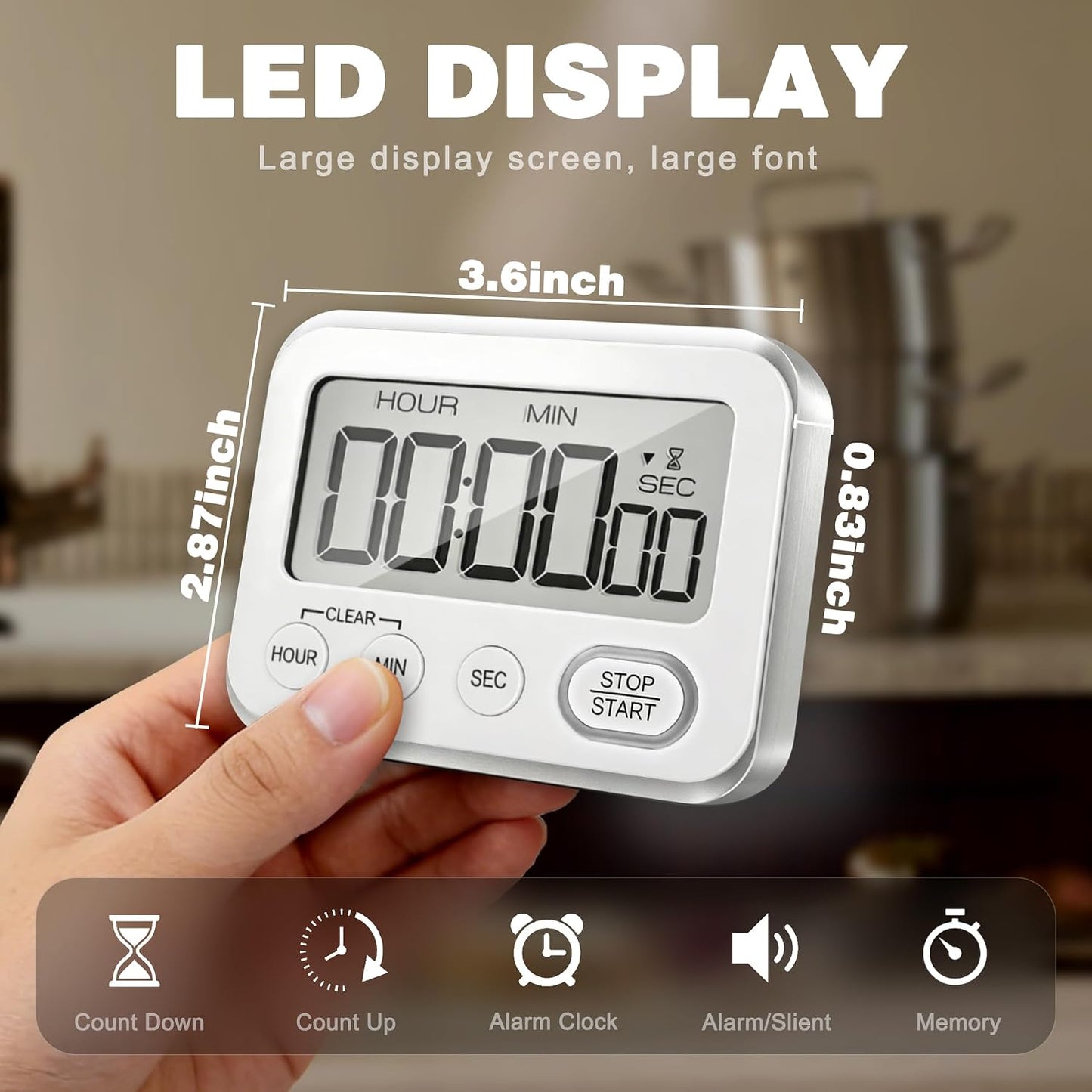 Digital Kitchen Timer Magnetic Loud Alarm, Large LCD Screen Silent/Beeping Multi-Function for Teachers Classroom Kids, Black
