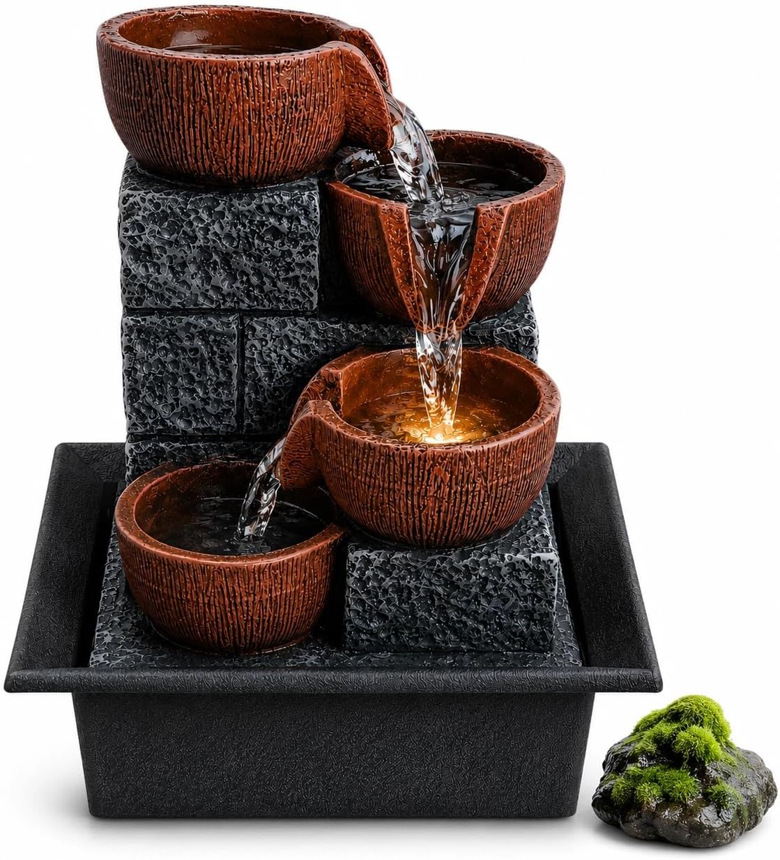 Tabletop Water Fountains, 10.6" Indoor Waterfall with Relaxing Warm Lights & Quiet Pump, Small Soothing Sound Machine, Feng Shui Decor for Good Luck, Relaxation & Meditation