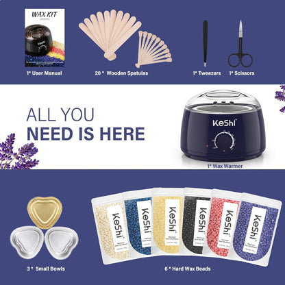 KeShi Waxing Kit, Painless Hair Removal Wax Warmer with 6 Bags Hard Wax Beans for Full Body, Legs, Face, Eyebrows & Bikini— Ideal for Both Women & Men