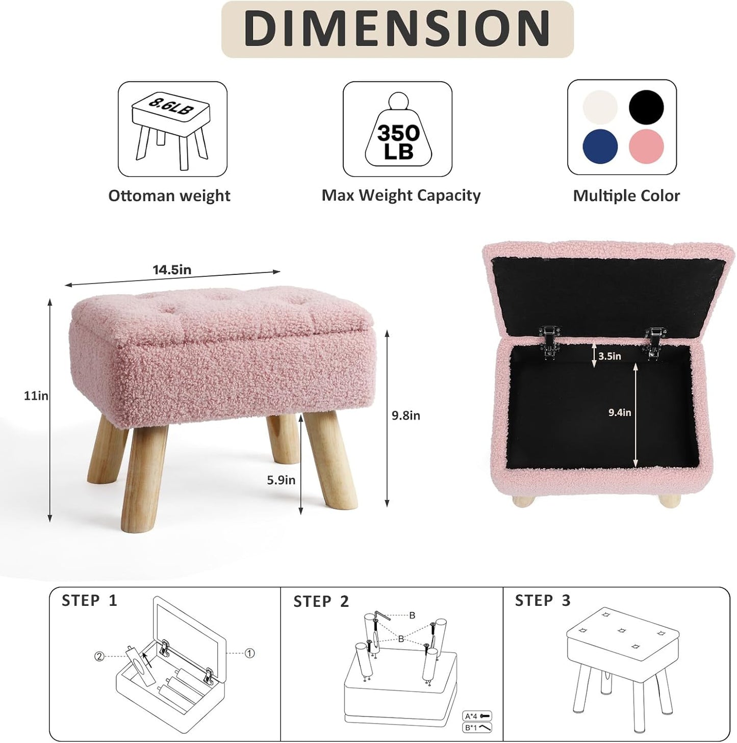 OGEMXU Storage Ottoman, Small Foot Stool Ottoman with Storage, Boucle Teddy Velvet Foot Rest with Padded Seat, Sturdy Wood Legs Stool for Living Room, Bedroom, Couch, Enterway (Cream)