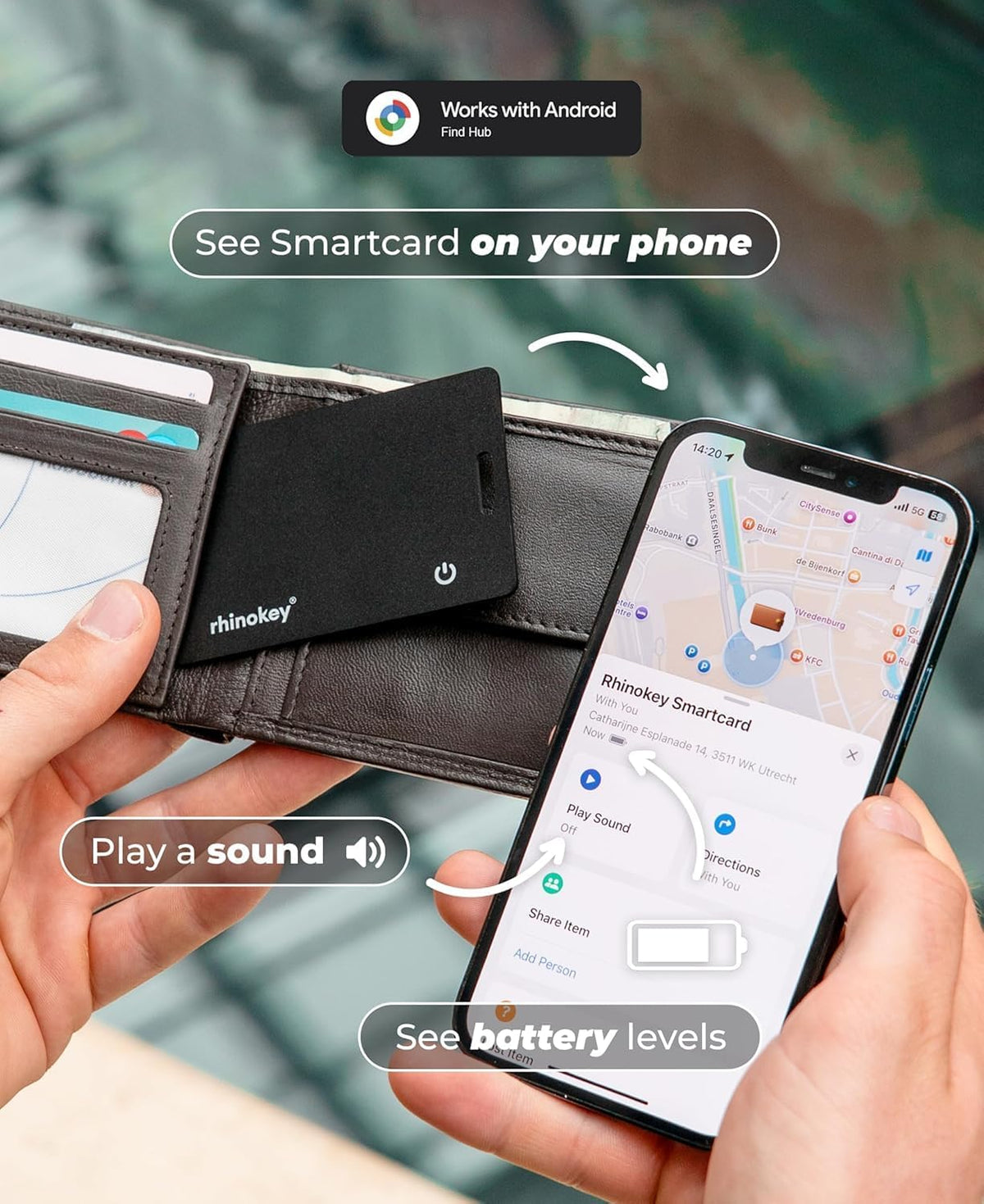 Rhinokey® Apple Find My Wallet Tracker Card, MFi Certified Bluetooth Tracker for iPhone, 0.07in Slim Credit Card Item Finder, IP68 Waterproof Rechargeable, Locator for Wallet, Luggage, Passport