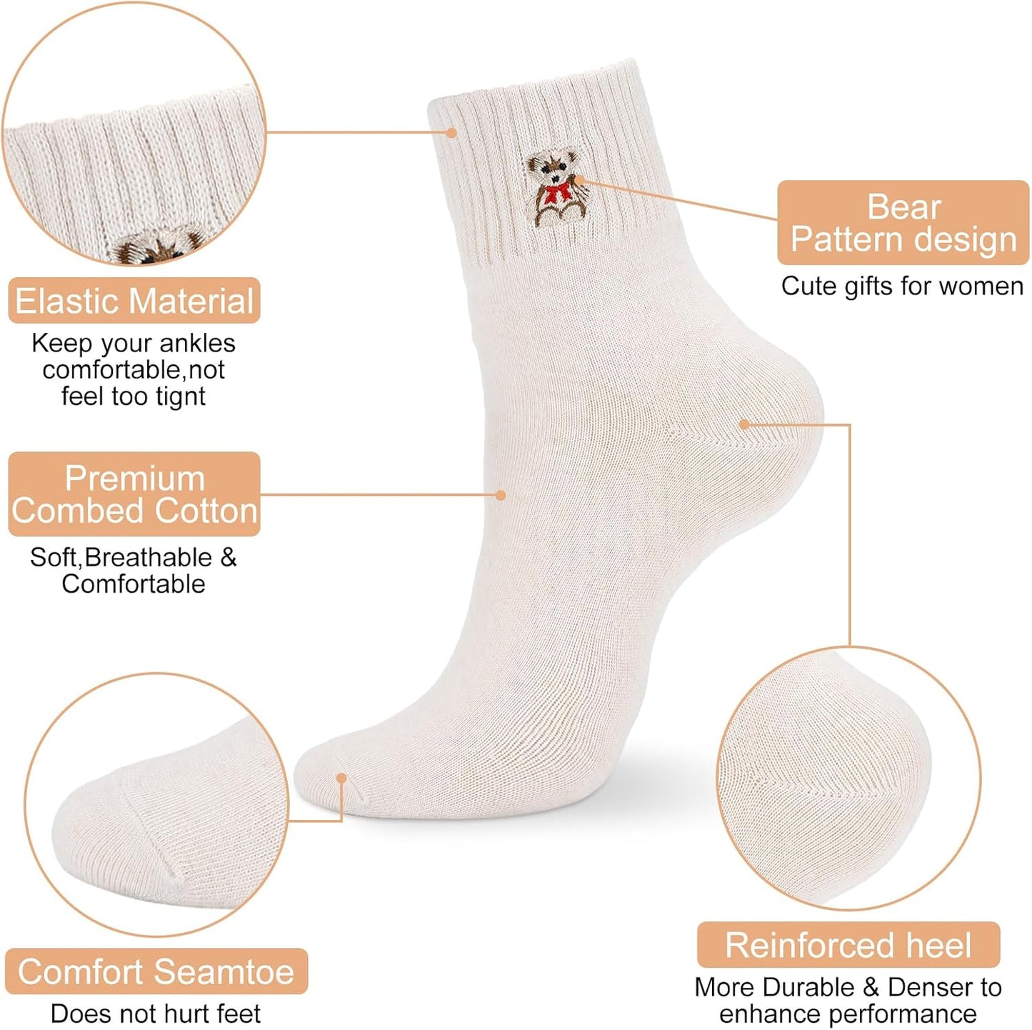 Eurzom 10 Pairs Socks Womens Crew Elastic Ankle Length Cotton Socks Aesthetic Cute Lightweight Low Cut Gifts for Women - Colors B