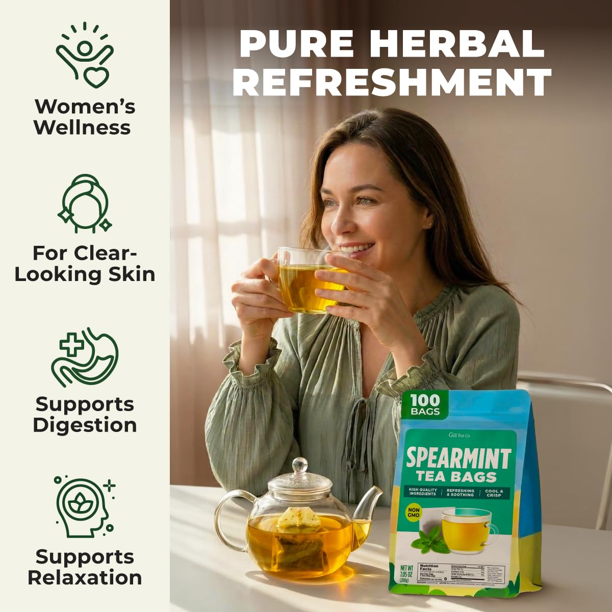 Spearmint Tea Bags 100 Count - 100% Natural Caffeine Free Herbal Tea