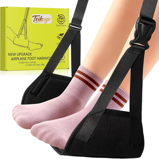 Airplane Foot Hammock, Travel Essentials Thickened Bamboo Foot Rest for Plane Travel with Adjustment Strap, Long Flight Must Haves (1-pcs Black)