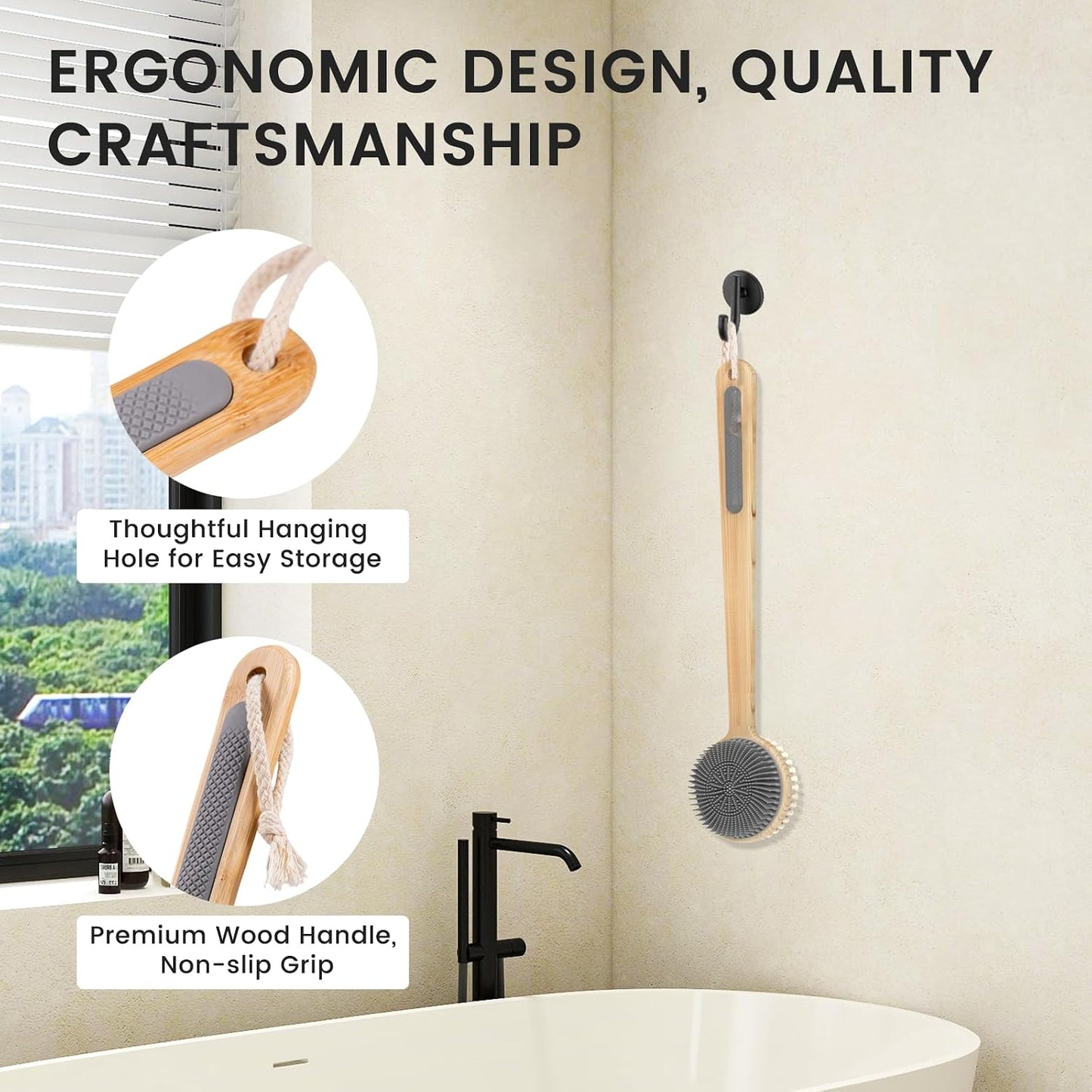 Back Scrubber for Shower，17in Bamboo with Curved Long Handle - Stiff Natural Boar Bristles for Men and Women, Deep Cleansing and Exfoliating, Anti-Slip Grip for Wet or Dry Brushing