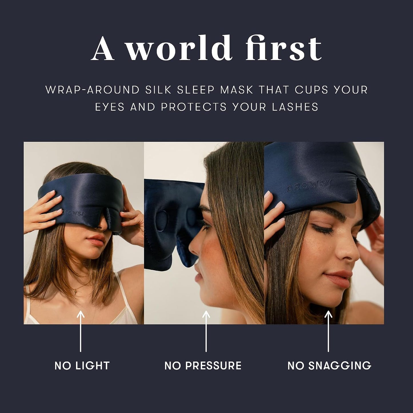 DROWSY Eyelash Protecting Silk Sleep Mask for Natural Lashes & Extensions. Deep Eye Cups, Zero Pressure, Total Blackout, Full Wraparound (Moonlight Shadow)