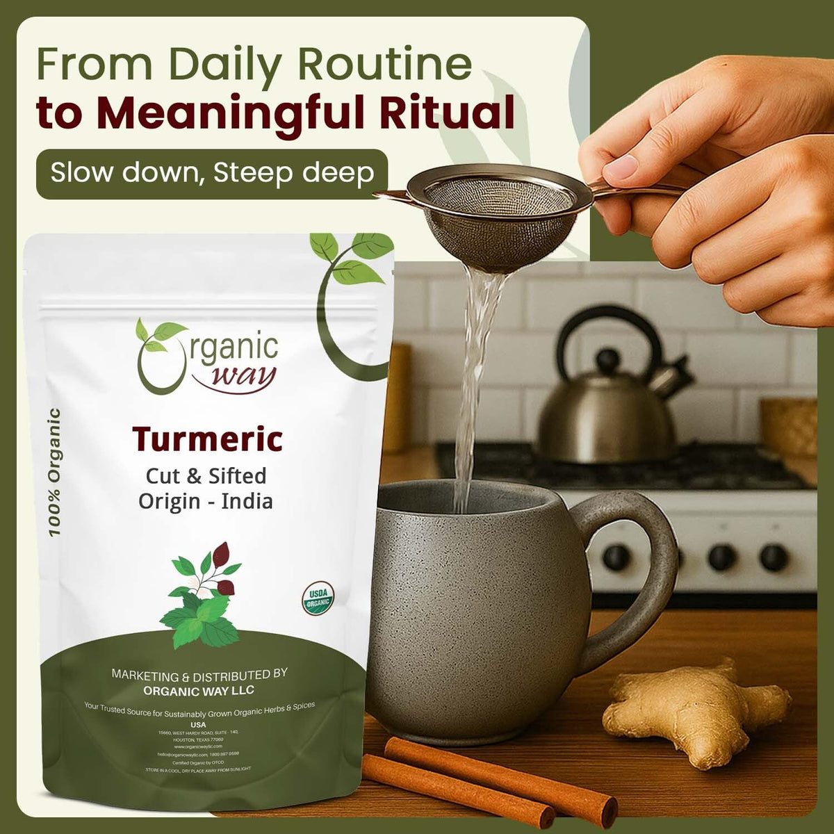 Organic Way Turmeric Root Cut & Sifted - Herbal Tea - (8 Ounce)
