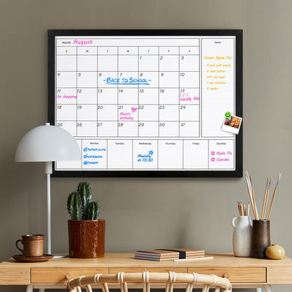 3-in-1 Dry Erase Calendar for Wall, Magnetic Surface Calendar Whiteboard | 17x13 inches Monthly & Weekly Planner Whiteboard, Dry Erase Board with Black Wood Frame, Magnetic Calendar for Classroom