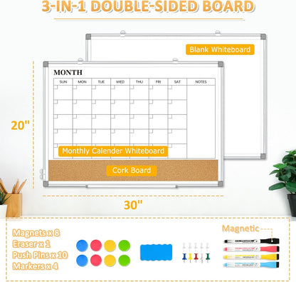 Dry Erase Calendar Whiteboard for Wall, 24"x18" Magnetic Monthly White Board Cork Board Combo, Double Sided, Aluminum Frame, Wall Hanging Wipe Board for Home, Office, School, Dorm