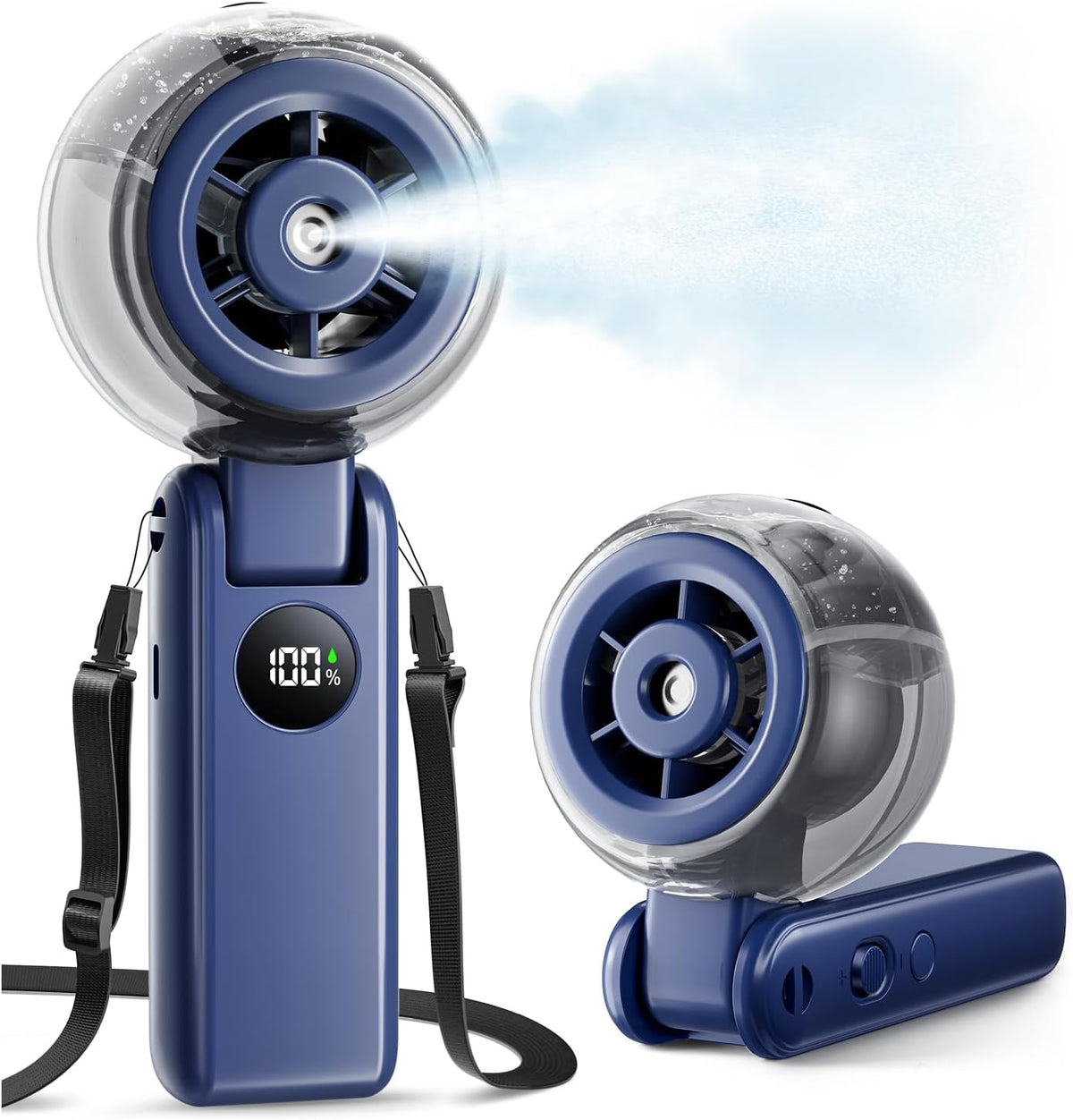 Portable Handheld Misting Fan, 4000mAh Rechargeable 3-in-1 Foldable Cooling Turbo Fan, 1-100 Stepless Speed with Water Spray & LED Display, Desk & Neck Personal Fan for Travel Beach Outdoor (Blue)