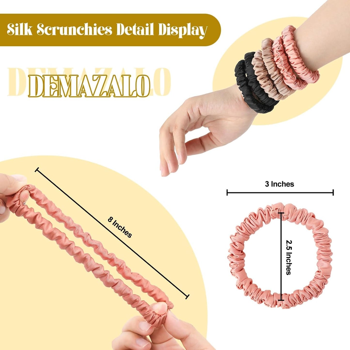 6Pcs Silk Hair Ties 100% Pure Mulberry Silk Scrunchies for Women Girls | No Hair Crease, Anti Frizz, Gentle Hold, No Damage, Black Brown Pink