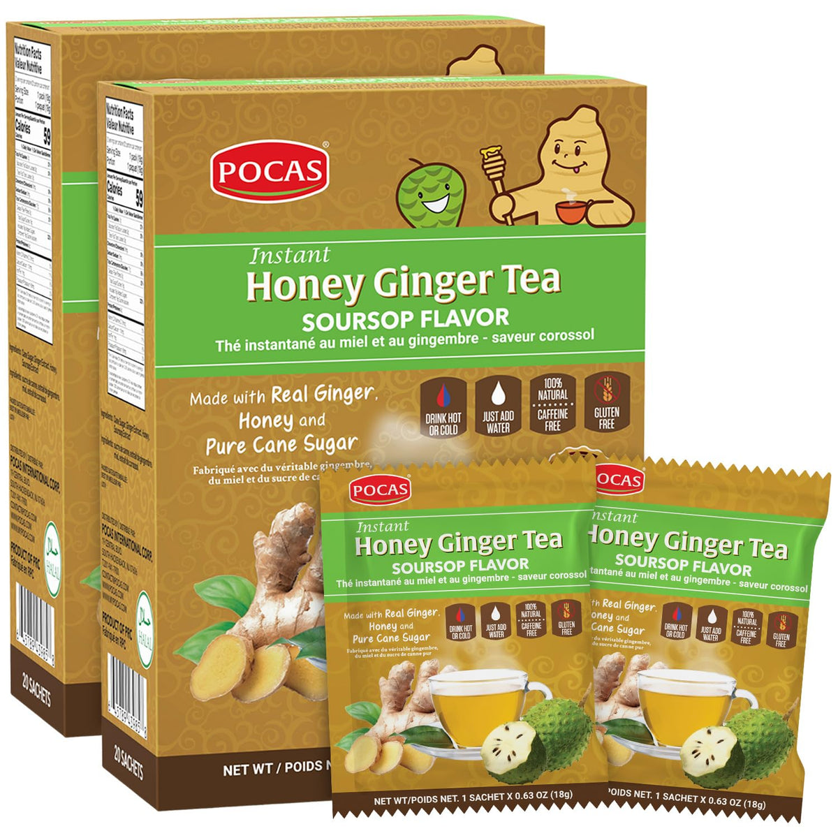 Pocas Honey Ginger Instant Tea Powder, Soursop Flavor, Ginger Extract & Real Sweetener, Caffeine-Free Tea, 20 Packets per Box