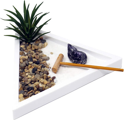 Nature's Mark Mini Zen Garden Kit for Desk with White Sand, Rake, White Base, Salt Rock and Air Plant (Round)