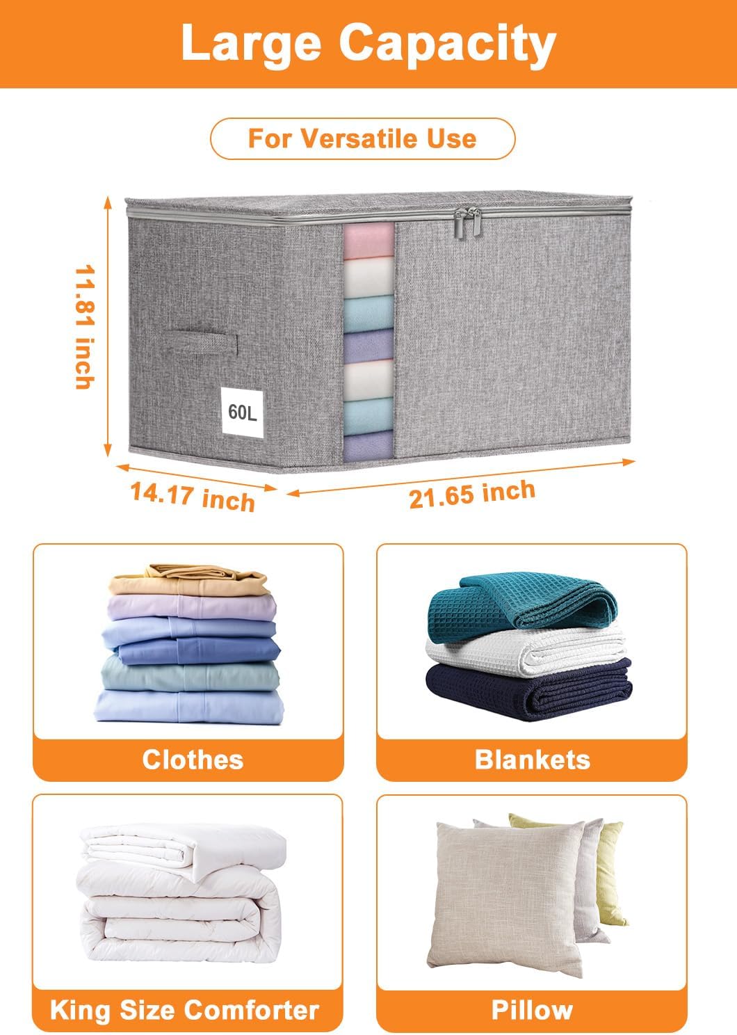 punemi 60L Sturdy Comforter Storage Bag, Blanket Organizer, Grey