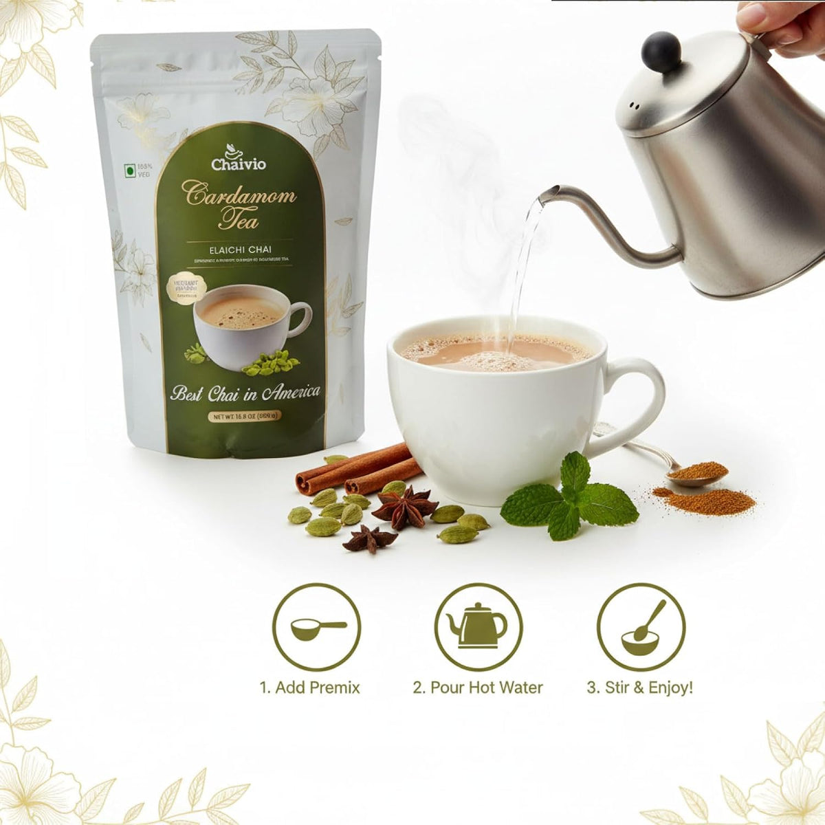 Chaivio Masala Chai Tea Latte, Unsweetened Instant Powder, Authentic Chai-with Natural Ingredients, No Preservatives, Tea Powder, Quick and Healthy Chai(1 lb)