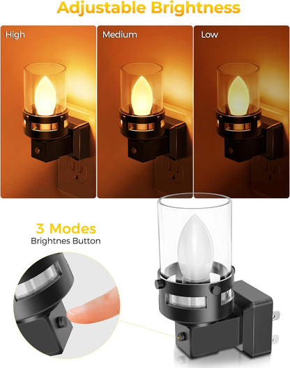 Briignite Flameless Candle Night Light, 2 Pack, Night Lights Plug into Wall, Candle Nightlight with Light Sensor, 0-100LM Dimmable LED Night Light Plug in, 1800K Amber Nightlight for Hallway Bathroom
