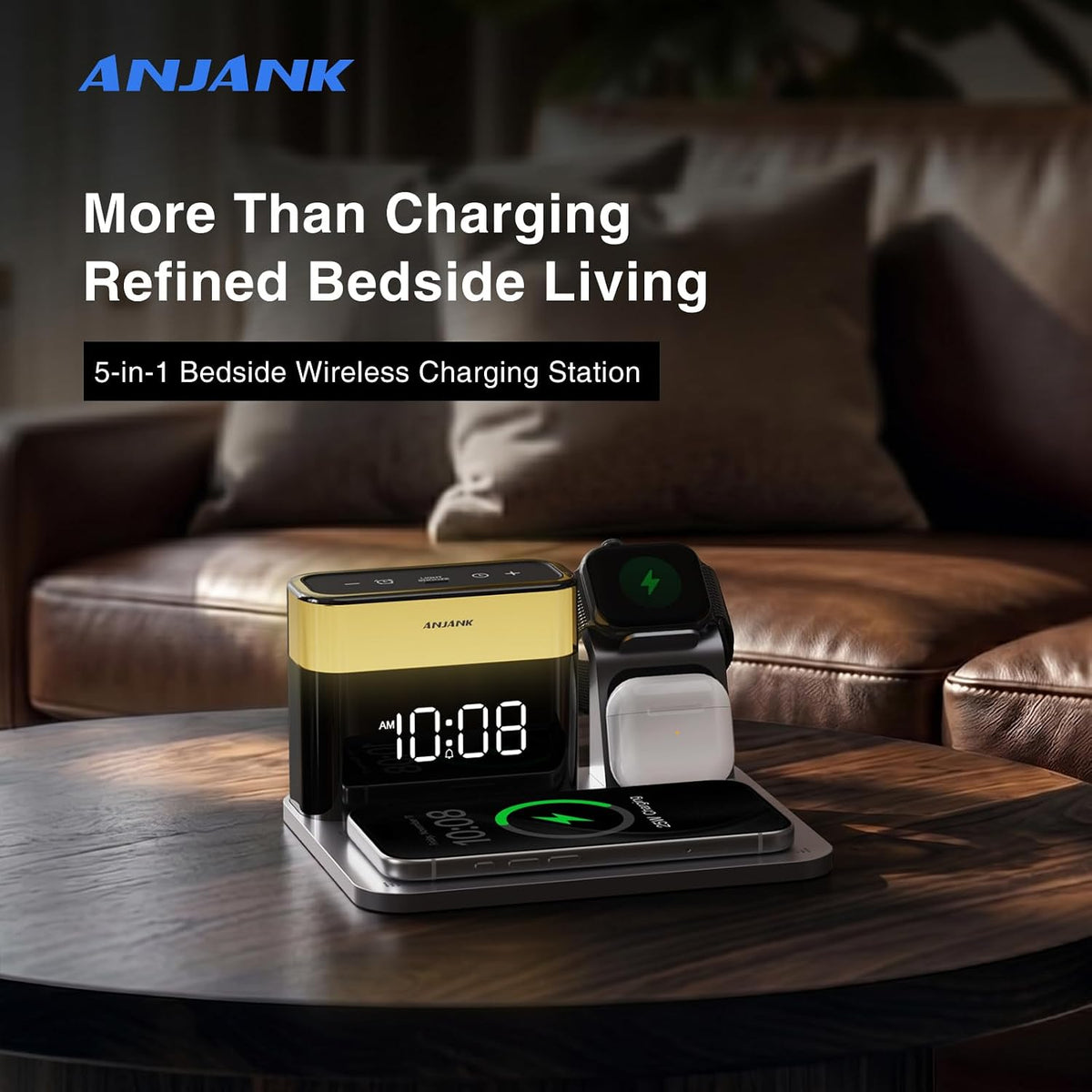 ANJANK GlowDock 5-in-1 Wireless Charging Station with Alarm Clock,Qi2.2 25W Magnetic Multi Charger Stand, Aluminum Silent Cooling,8 Nightlight,for iPhone 18 17 16 15 Pro Max Plus, Apple Watch,AirPods