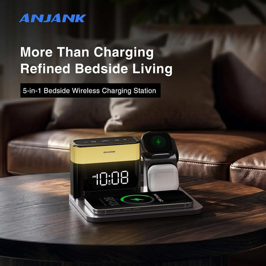 ANJANK GlowDock 5-in-1 Wireless Charging Station with Alarm Clock,Qi2.2 25W Magnetic Multi Charger Stand, Aluminum Silent Cooling,8 Nightlight,for iPhone 18 17 16 15 Pro Max Plus, Apple Watch,AirPods