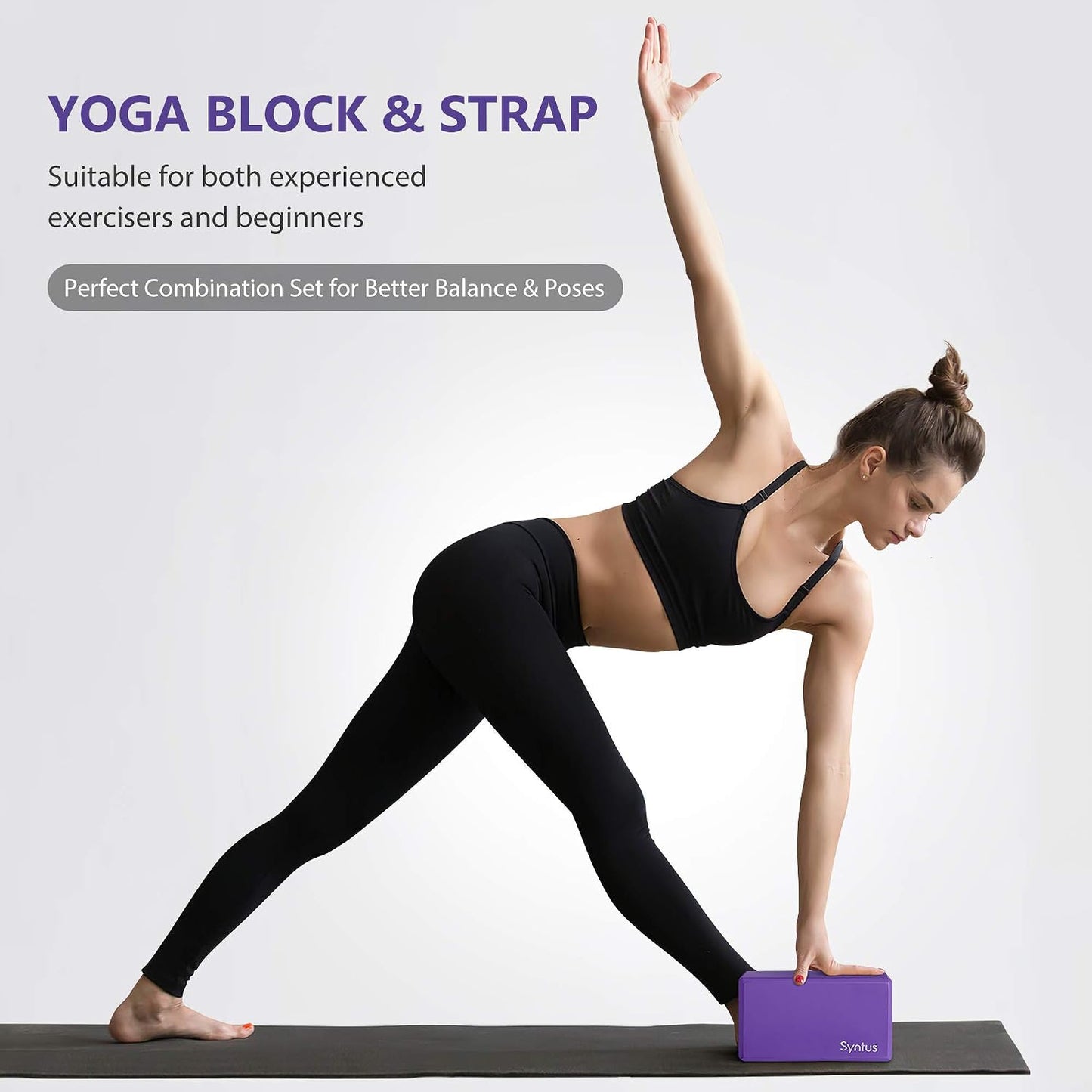 Syntus Yoga Block and Yoga Strap Set, Soft Non-Slip Yoga Blocks 9×6×4 inches, 8FT Metal D-Ring Strap for Yoga, General Fitness, Pilates, Stretching and Toning