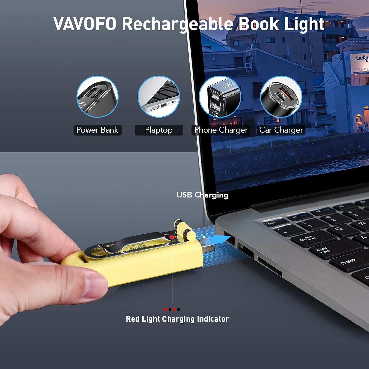 VAVOFO USB Rechargeable Book Light, Blue Light Blocking, Amber Clip-On Bookmark Shaped Reading Light, Eye Care 6 LEDs With 9 Lighting Modes for Bookworms (Grey)