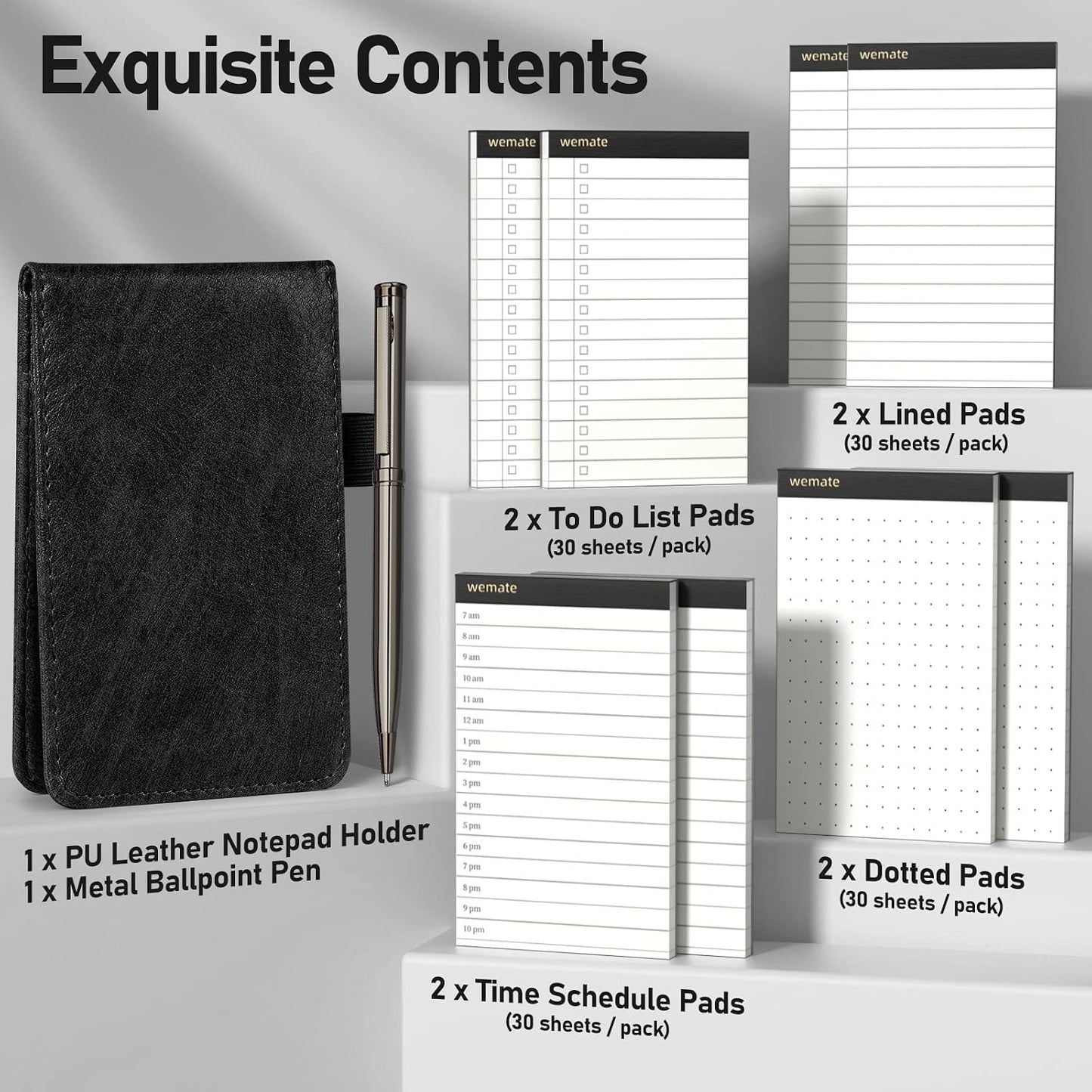 WEMATE 10 Pieces Small Notepad Holder Set Pocket Notebook - Included Mini Pocket Notepad Holder Set with 8 Memo Book Refills and Metal Pen for Meetings, Daily Records, and Notes 3 x 5 Inch (Black)