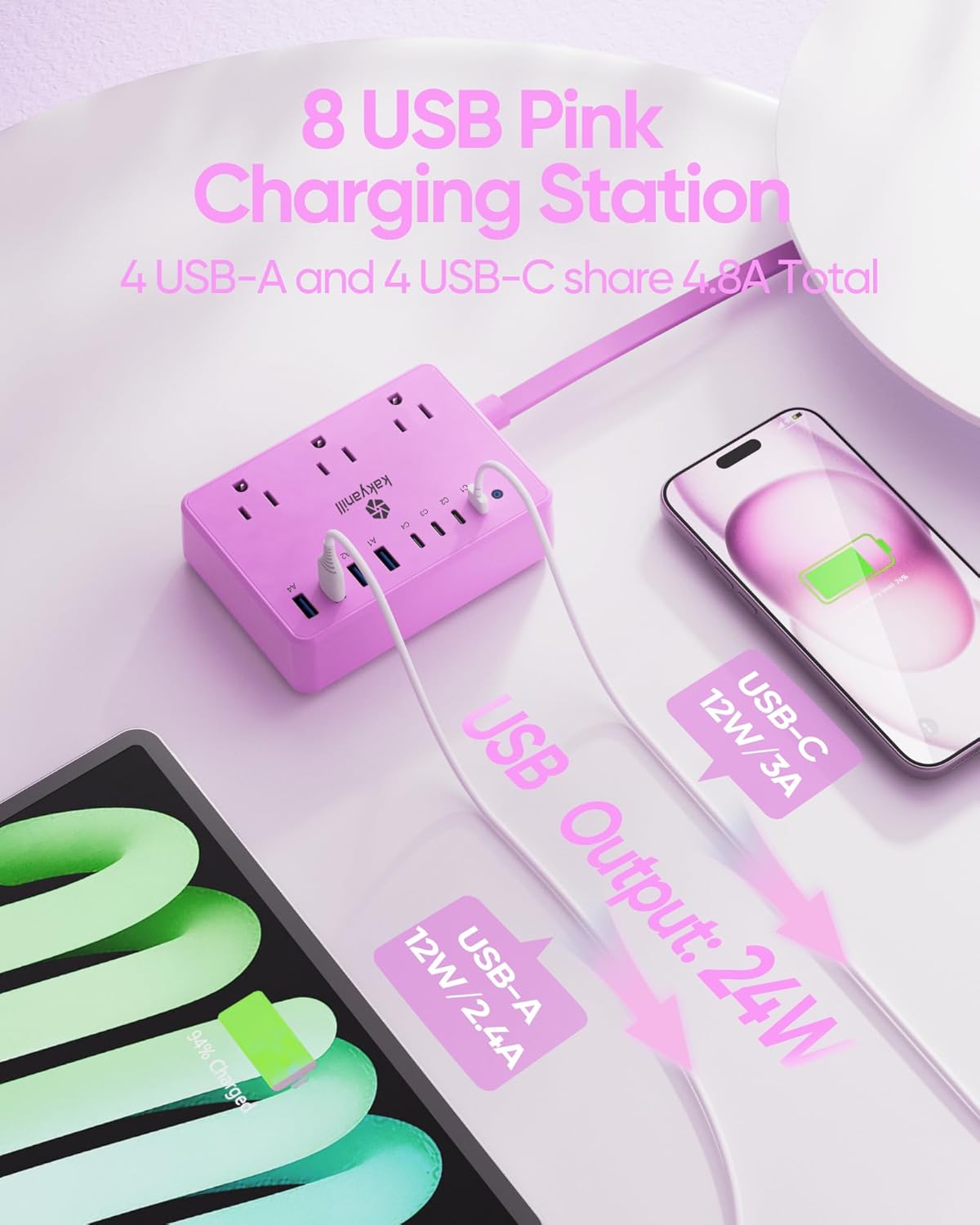 Kakyanill 8 USB Pink Power Strip with 6 AC(4 USB-C), 5 FT Extension Cord