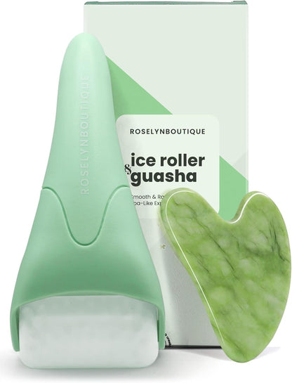ROSELYNBOUTIQUE Gua Sha Facial Tools & Ice Roller for Face (Green) | Wrinkles Fine Lines Puffiness Massager Facial Self Care Gifts for Men Women