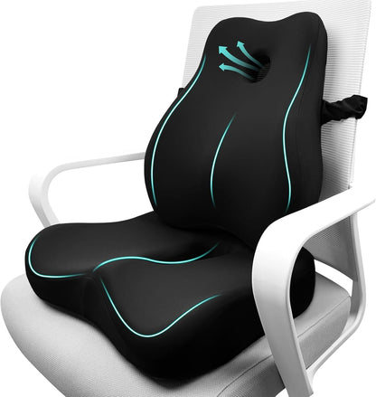 Seat Cushion & Lumbar Support Pillow for Office Chair,Memory Foam Chair Cushions for Tailbone Pain, Non-Slip Back Support for Desk,Gaming Chair,Wheelchair, Breathable & Machine Washable