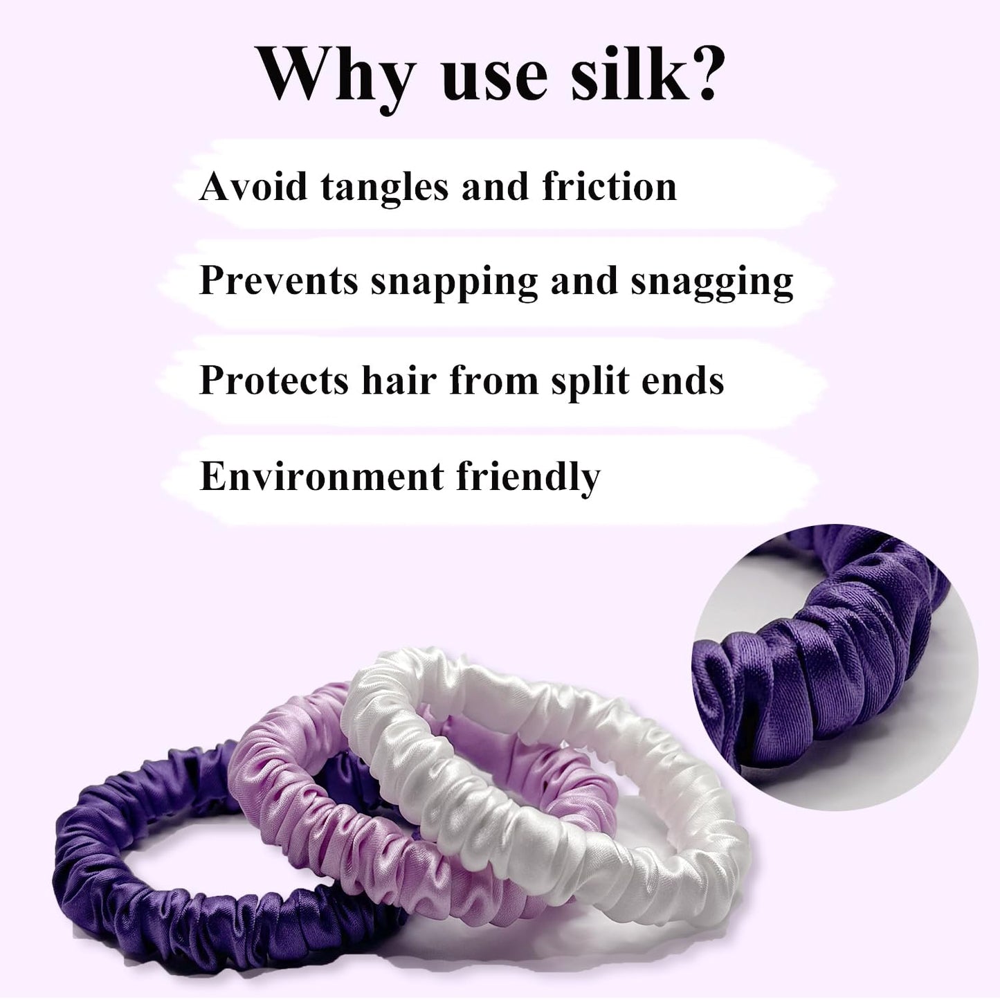 VLOMOT 3 Pcs Set 100% Pure Mulberry Silk Hair Scrunchies Hair Ties with 3 Chic Colors Everyday Skinny Scrunchies Silk Ponytail Holders Hair Care No Damage (Blue)