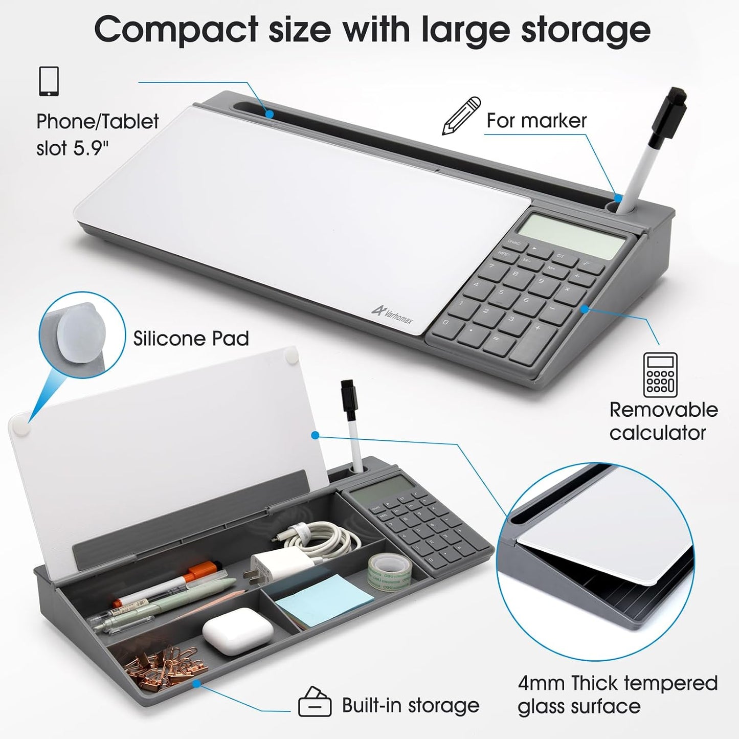 Varhomax Glass Weekly Dry Erase Desk White Board, Desktop to Do List Planner Whiteboard Calendar with Storage Caddy Memo for Home and Office, White