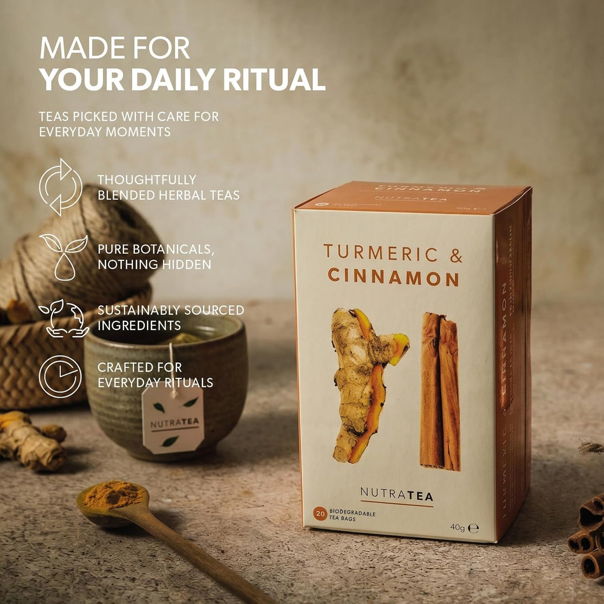 Nutra Tea - Turmeric & Cinnamon Tea | Turmeric Tea - 20 Individually Wrapped, Reusable Teabags - Caffeine Free, All Natural Herbal Blend (1 Pack)