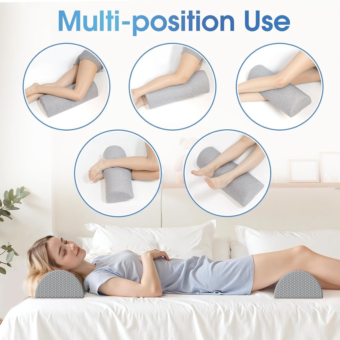 TranquilRelax Knee Pillow for Back Sleeping Memory Foam Half Moon Bolster Pillow for Legs, Under Knee Support, Ankle & Foot Comfort Orthopedic Pillow for Side Sleepers (Grey, 20.4" x 8" x 4.9")