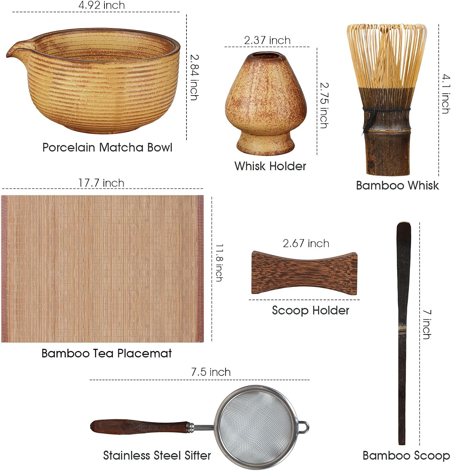 Matcha Whisk Set 7-Piece with Handmade Matcha Bowl & 100-Prong Purple Bamboo Whisk (Chasen), Complete Matcha Kit with Holder, Scoop & Rest, Bamboo Tea Mat, Gift-Ready Matcha Set