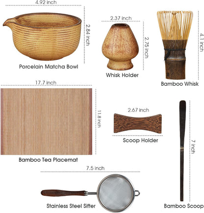Matcha Whisk Set 7-Piece with Handmade Matcha Bowl & 100-Prong Purple Bamboo Whisk (Chasen), Complete Matcha Kit with Holder, Scoop & Rest, Bamboo Tea Mat, Gift-Ready Matcha Set