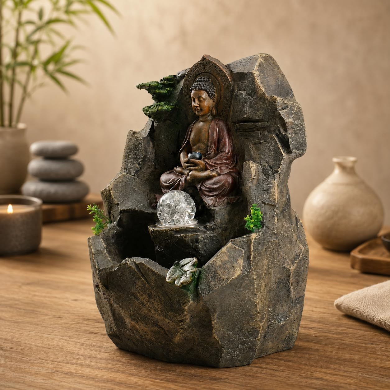 Indoor Tabletop Water Fountain with LED Light, Resin Rock-Look Waterfall Decor, Feng Shui Inspired Zen Fountain for Desk, Office, Bedroom, Living Room & Meditation Space (9" Cascading Rock)