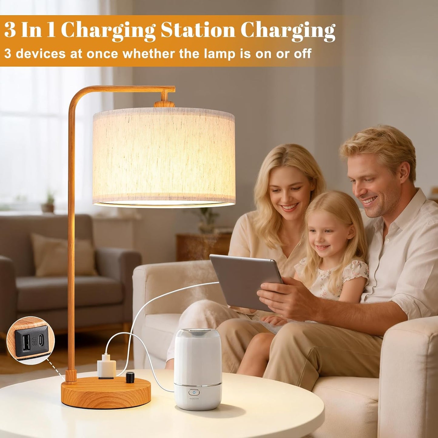 Innqoo Bedside Table Lamps for Bedroom Set of 2-Dimmable Nightstand Lamps with USB Port and Outlet,Modern Gold Lamps with Linen Shade,Tall Desk Lamps for Home Office Bedroom Living Room End Table