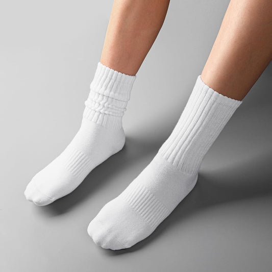 Womens Scrunch Crew Socks: Retro Solid Slouch Mid Calf Socks - Cotton Casual Athletic Socks