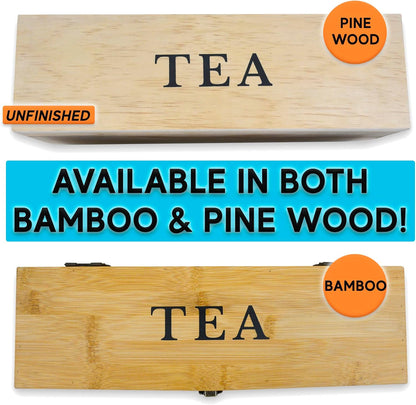 Tea Organizer Box Food Safe Chemical Free Bamboo Wood Storage Chest Big, Tall, Adjustable Cubbies (8-Slot 14.3" x 8.1" x 4.2" with TEA print design)