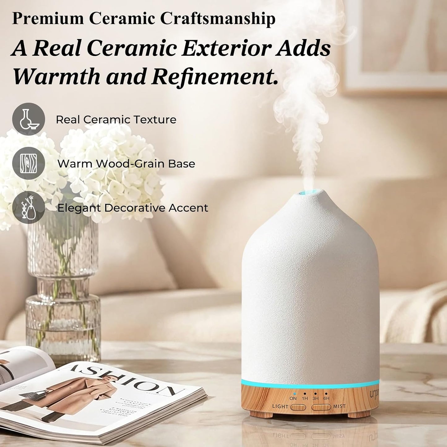 URPOWER 180ML Ceramic Essential Oil Diffuser, Ultrasonic Aromatherapy Diffuser with 7-Color Lights, Auto Shut-Off, Quiet Oil Diffuser for Bedroom, Home Office