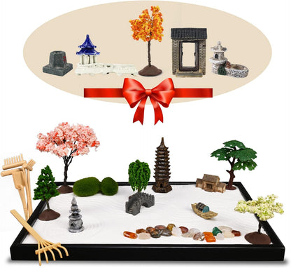 Mini Zen Garden, White Sand, 10" x 7" Rectangular Plastic Tray with Meditation Accessories