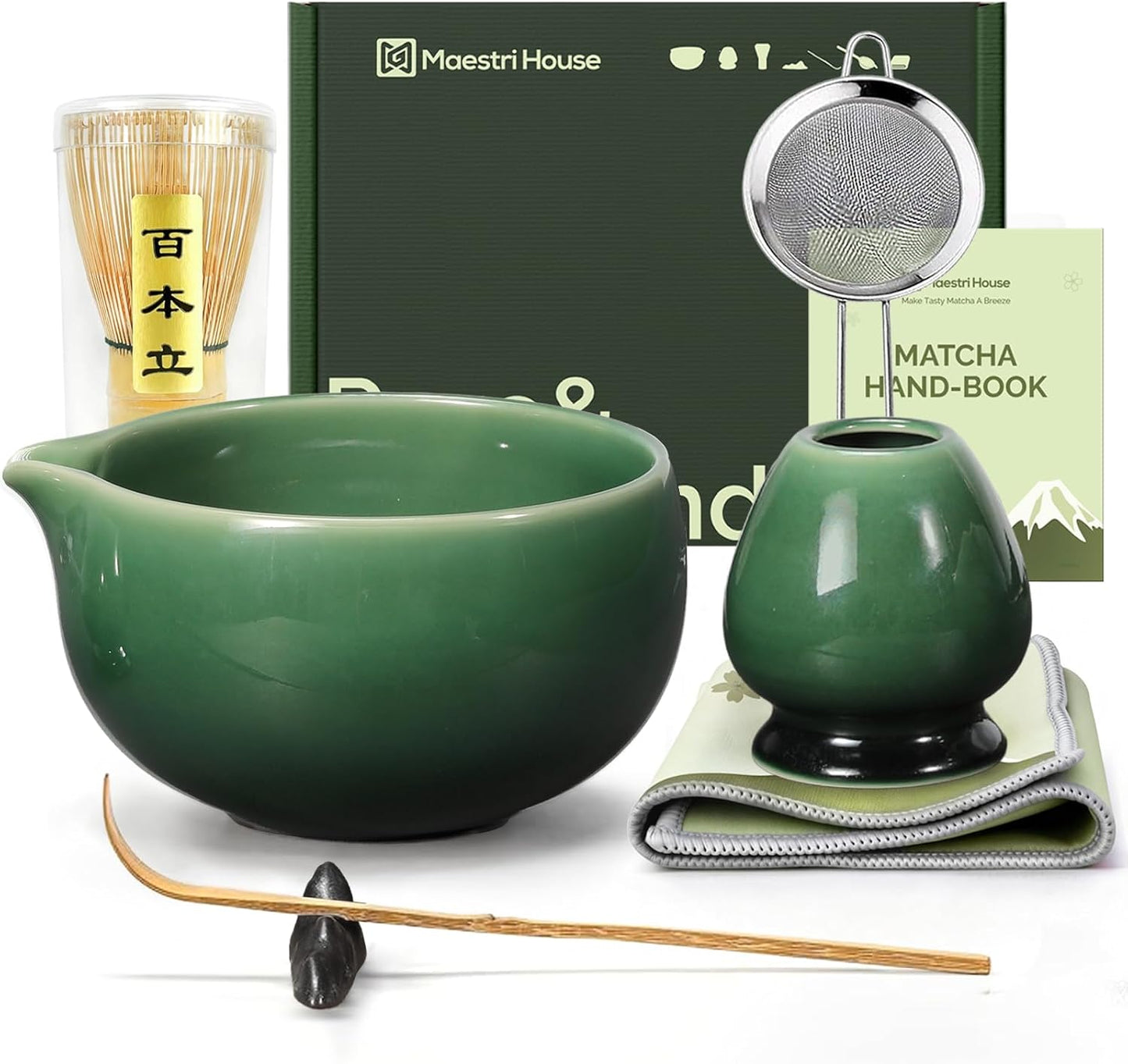 Maestri House Matcha Whisk Set, 7-Pc Complete Matcha Kit with Spouted Ceramic Bowl, Bamboo Whisk and Holder, Scoop, Spoon Rest & Sifter, Tea Cloth – Ideal Gift for Matcha Lovers (Black Stone)