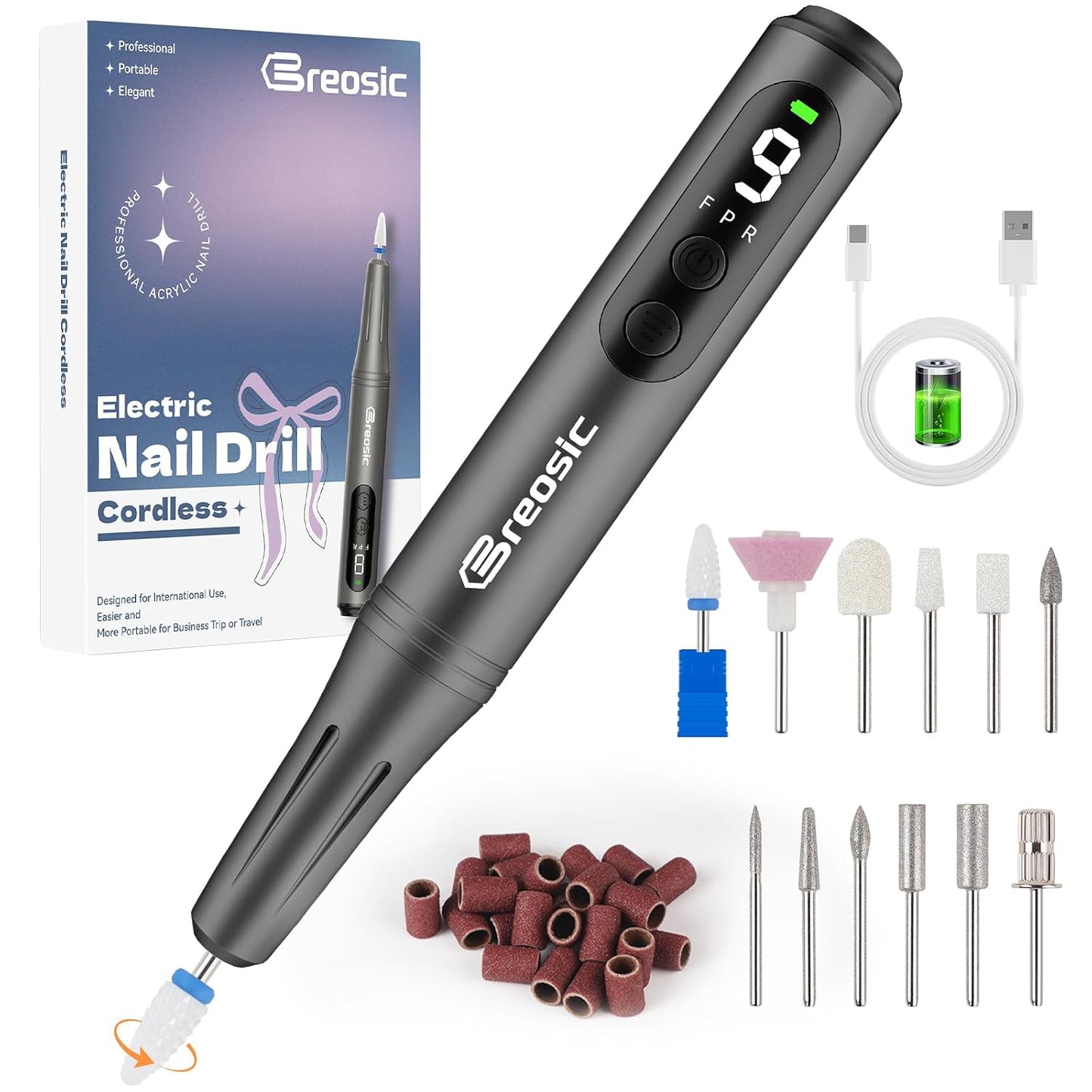 Electric Nail Drill Professional 35000RPM,Rechargeable Electric Nail File Cordless with 9-Speed & LED Display,12-in-1 Portable Manicure Pedicure kit for Acrylic Gel Dip Powder Nails (Purple)