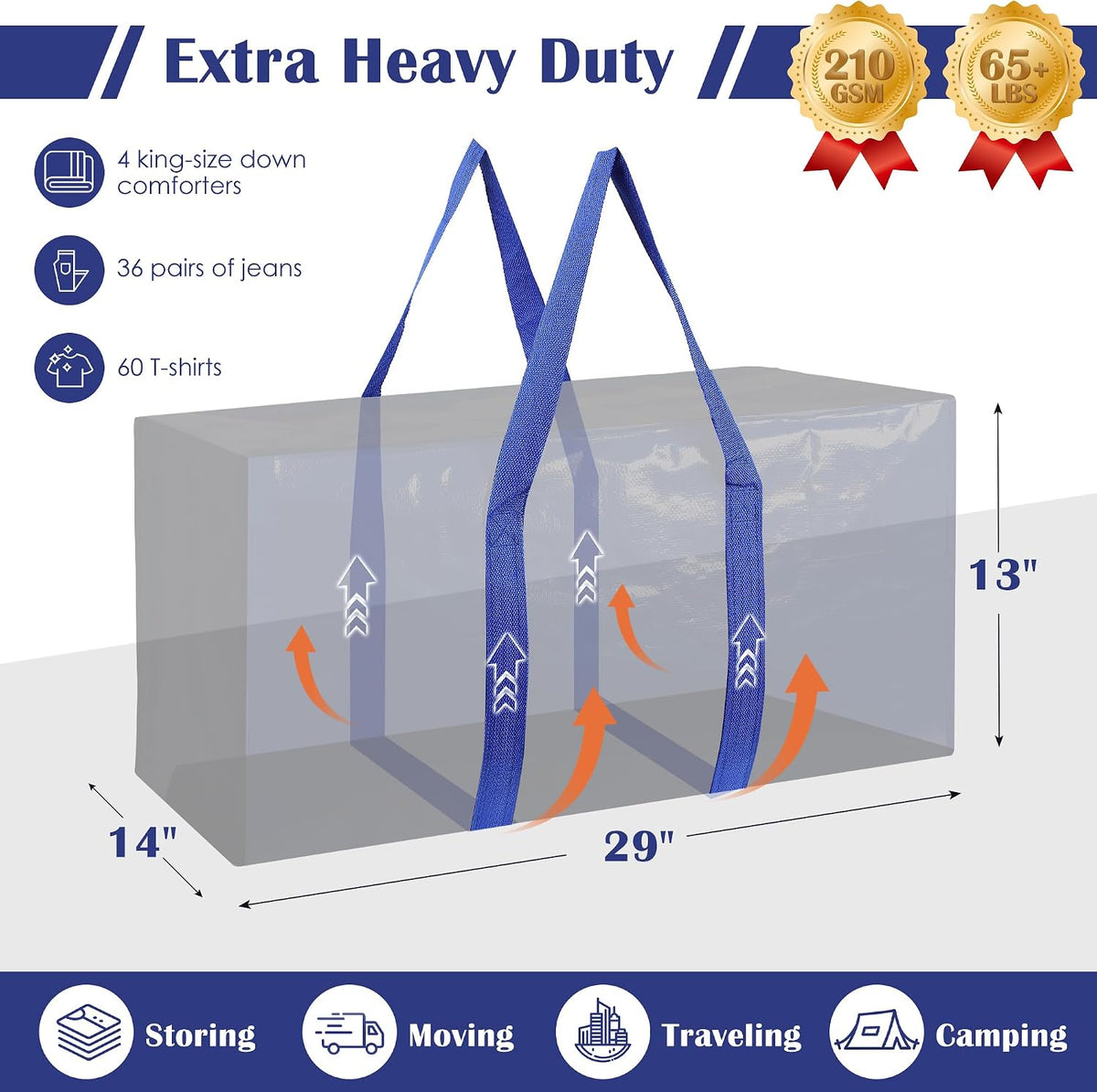 Moving Bags Heavy Duty 210GSM with Full-Open Side Zipper, 93L 220lbs Waterproof Foldable Storage Totes for College Dorm Move-In, Moving Boxes Alternative & Home Organization, Blue