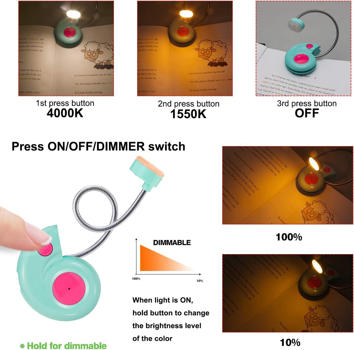 Kids Rechargeable Book Light, Clip on Reading Light for Kid, Kids Reading Lights, Amber Book Light for Reading in Bed, 2 Lighting Modes, Blue Light Blocking, Bookmark Light for Bookworms-Pink