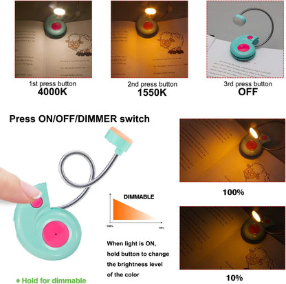 Kids Rechargeable Book Light, Clip on Reading Light for Kid, Kids Reading Lights, Amber Book Light for Reading in Bed, 2 Lighting Modes, Blue Light Blocking, Bookmark Light for Bookworms-Pink