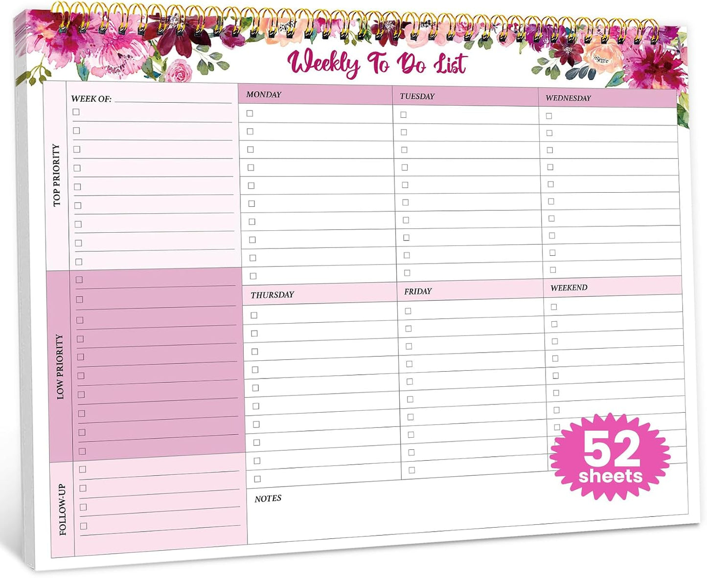 Weekly To Do List Notepad with 52 Undated Sheets（8.5"×11"）- Undated Weekly Planner Notepad for Office Desk Accessories and Supplies - Sunshine Petal