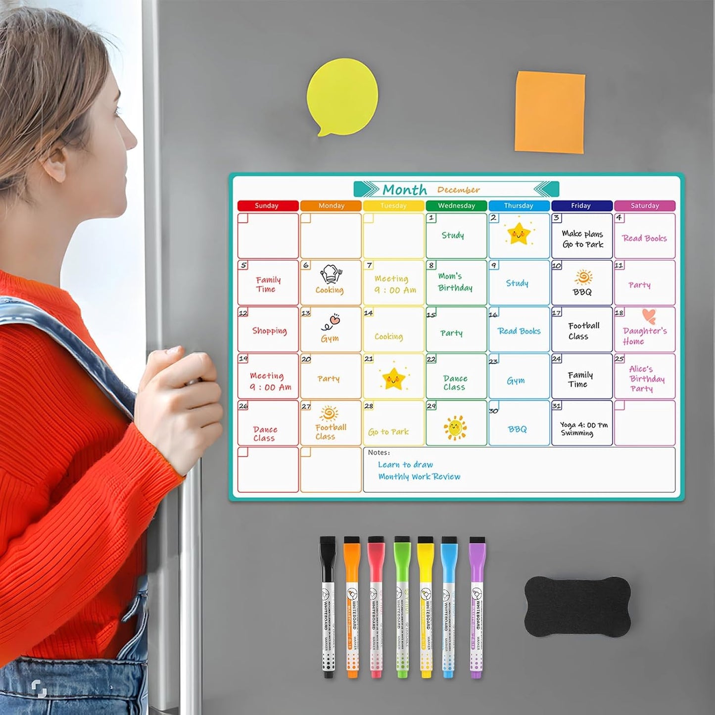 MaxGear Weekly Dry Erase Board for Fridge, 16"x12" Magnetic Calendar | Strong Magnetic, Smooth Writing and Effortless Erasing, Stain Resistant without any Stains with 7 Markers and 1 Eraser